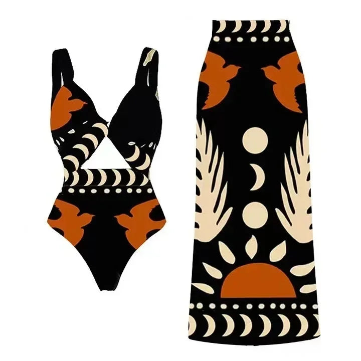 Conjunto Praia 3 Peças Estampa Pássaros | Biquíni, Maiô e Saia/Calça com Renda