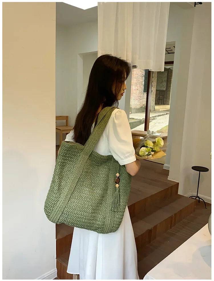 Bolsa de Praia Palha Trançada Retrô | Ombro e Mão