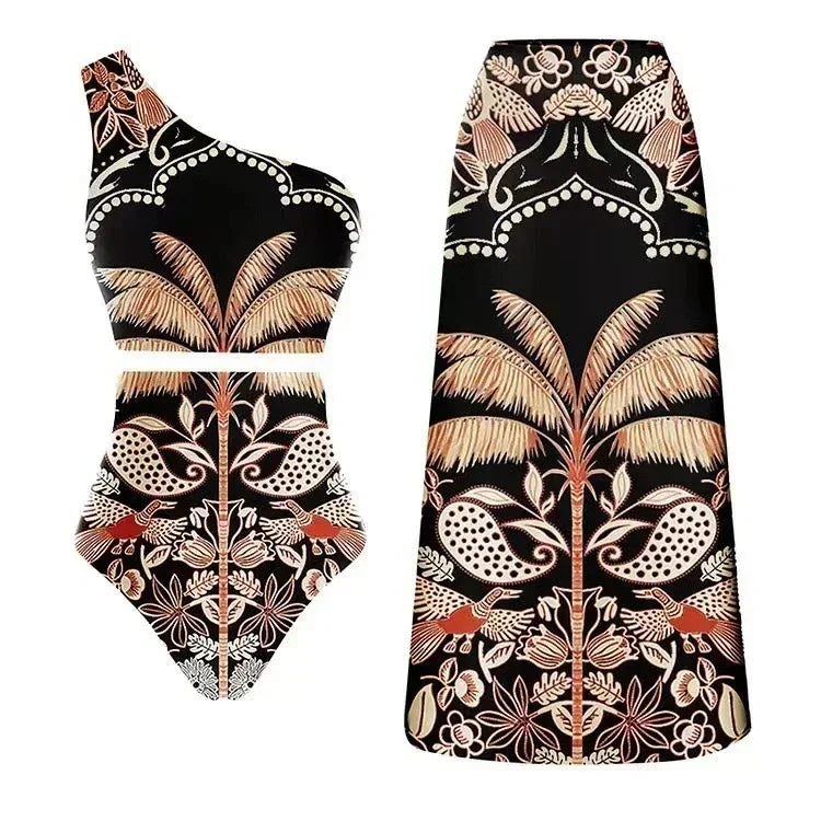 Conjunto Praia 3 Peças Estampa Pássaros | Biquíni, Maiô e Saia/Calça com Renda