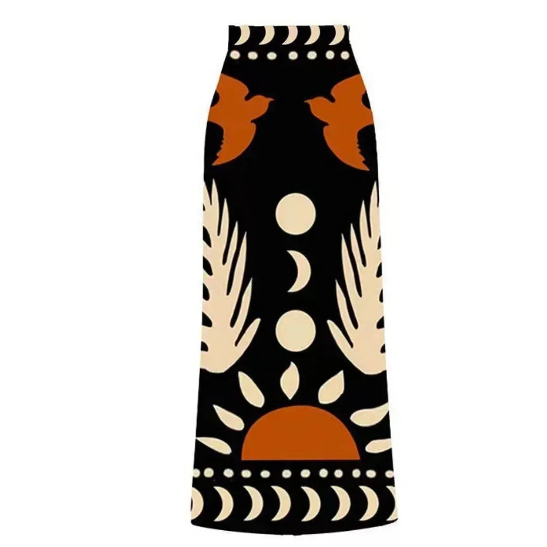 Conjunto Praia 3 Peças Estampa Pássaros | Biquíni, Maiô e Saia/Calça com Renda
