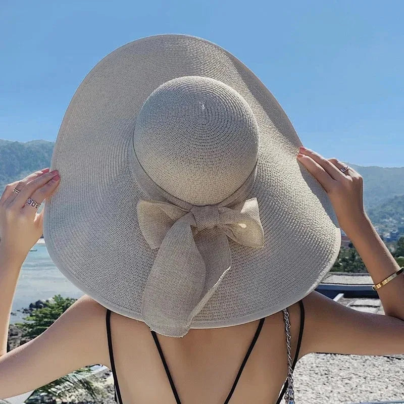 Chapéu de Praia Palha Aba Larga com Laço | Tamanho Único 56-60cm