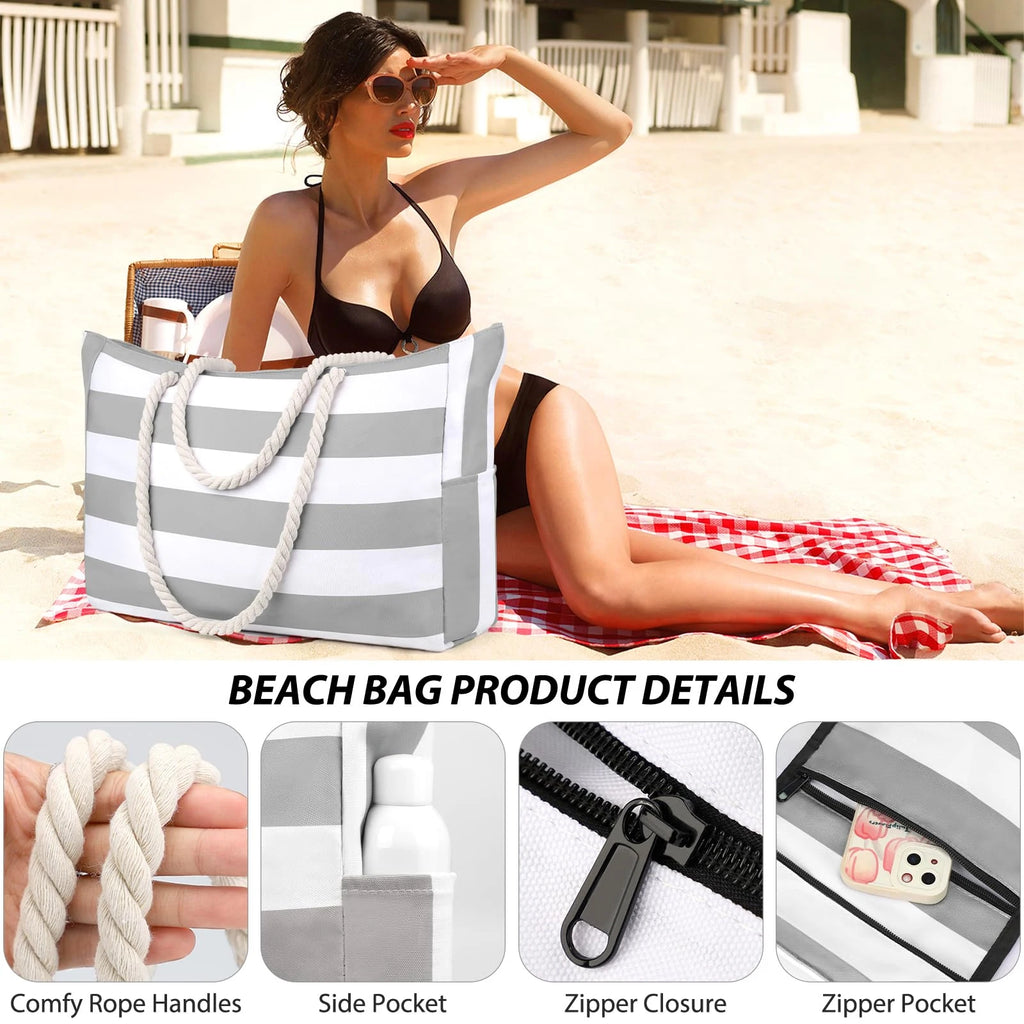 Bolsa de Praia Canvas Listrada com Zíper | Impermeável e Dobrável