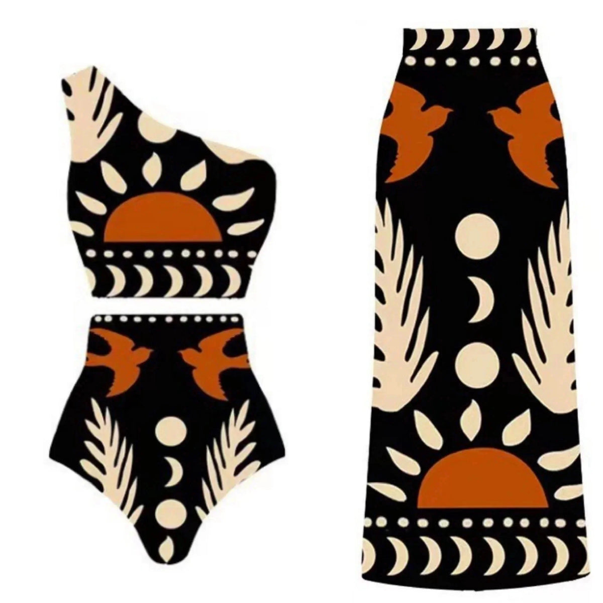 Conjunto Praia 3 Peças Estampa Pássaros | Biquíni, Maiô e Saia/Calça com Renda