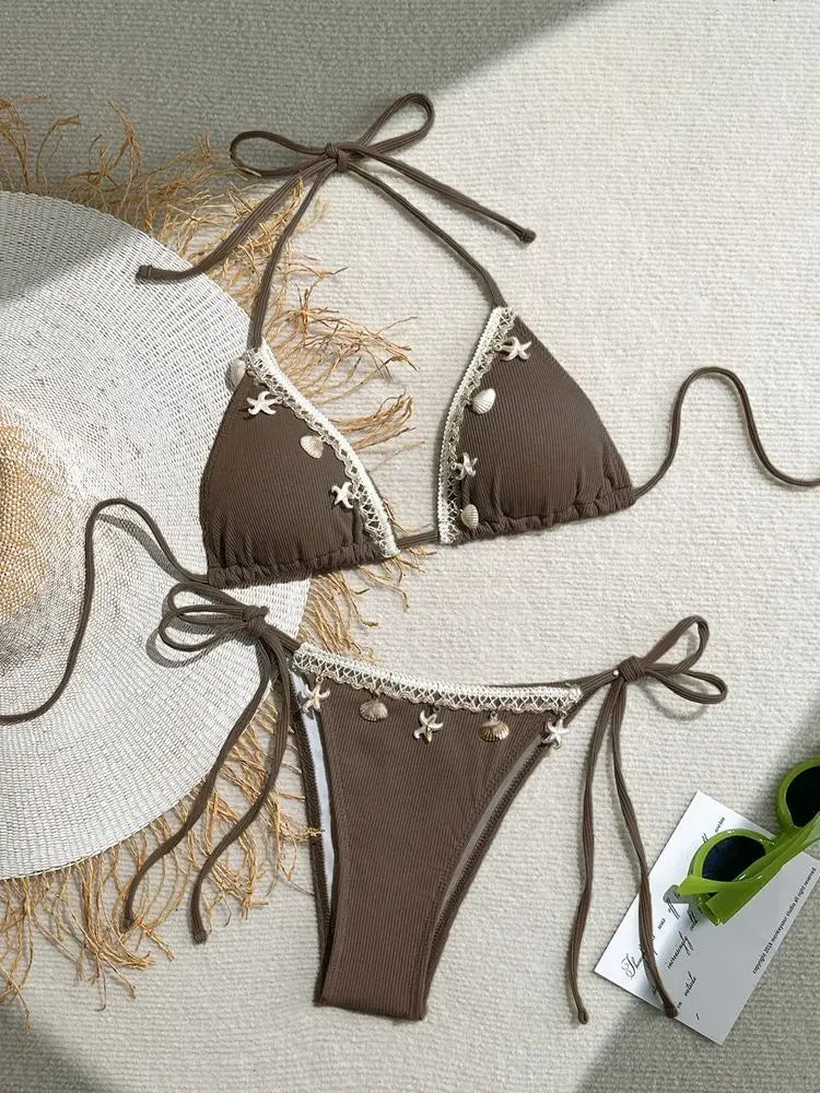 Biquíni Triângulo Frente Única | Design Concha & Estrela do Mar com Bojo