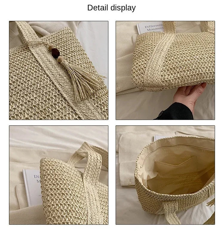 Bolsa de Praia Palha Trançada Retrô | Ombro e Mão