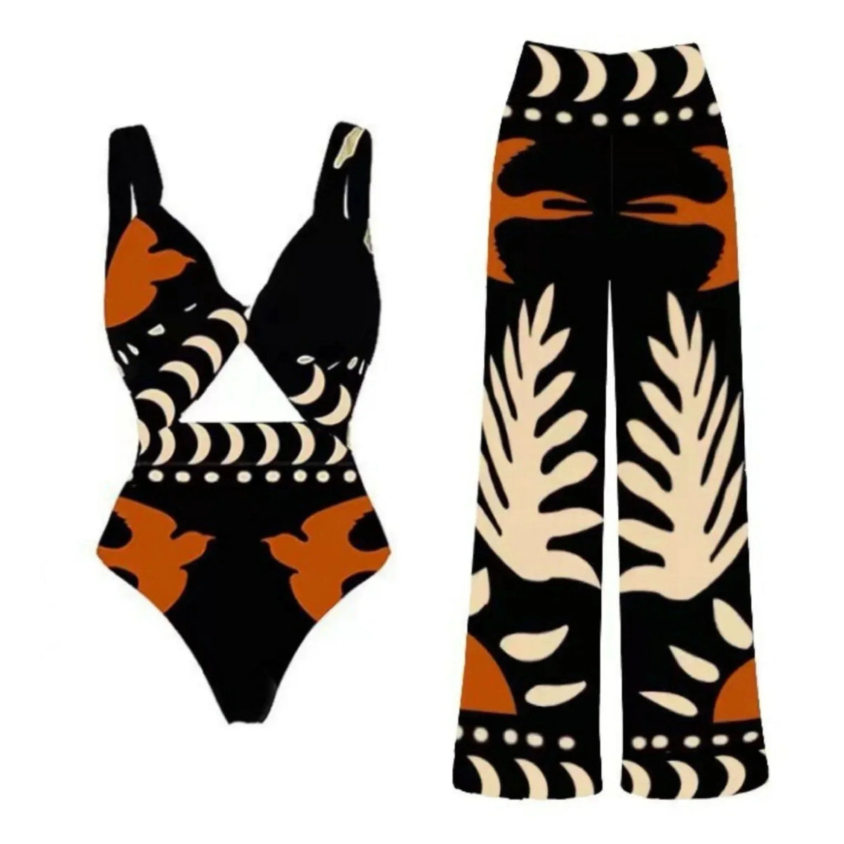 Conjunto Praia 3 Peças Estampa Pássaros | Biquíni, Maiô e Saia/Calça com Renda