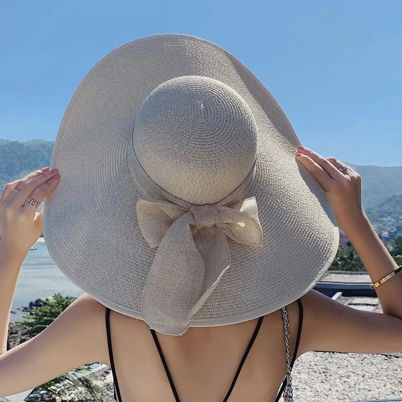 Chapéu de Praia Palha Aba Larga com Laço | Tamanho Único 56-60cm