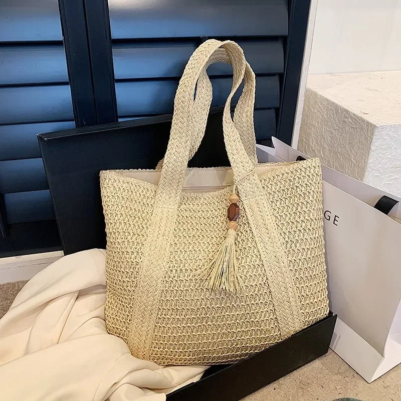 Bolsa de Praia Palha Trançada Retrô | Ombro e Mão