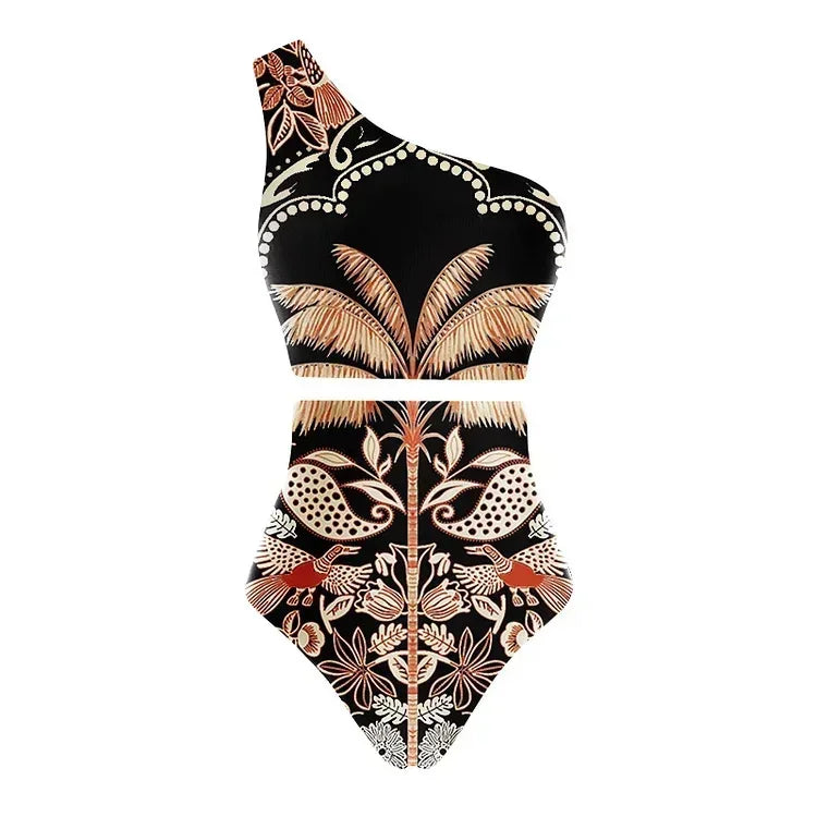 Conjunto Praia 3 Peças Estampa Pássaros | Biquíni, Maiô e Saia/Calça com Renda