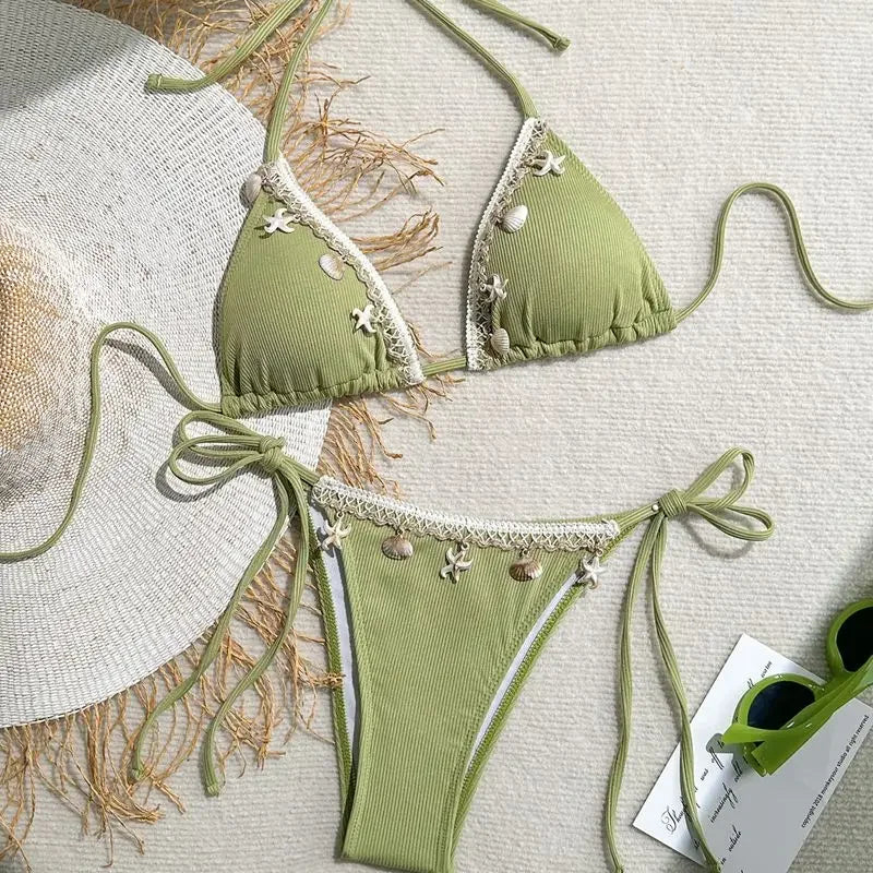 Biquíni Triângulo Frente Única | Design Concha & Estrela do Mar com Bojo