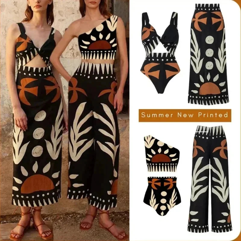 Conjunto Praia 3 Peças Estampa Pássaros | Biquíni, Maiô e Saia/Calça com Renda