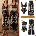 Conjunto Praia 3 Peças Estampa Pássaros | Biquíni, Maiô e Saia/Calça com Renda