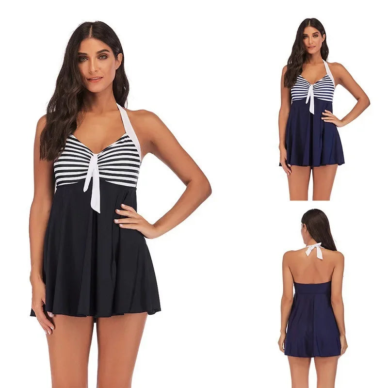 Tankini Plus Size 2 Peças com Vestido | Frente Única e Shorts Listrado