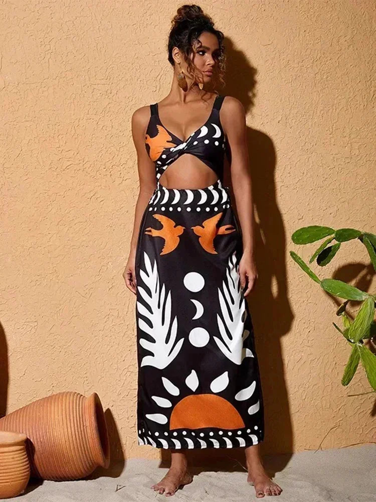 Conjunto Praia 3 Peças Estampa Pássaros | Biquíni, Maiô e Saia/Calça com Renda
