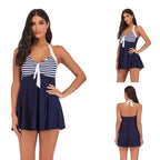 Tankini Plus Size 2 Peças com Vestido | Frente Única e Shorts Listrado
