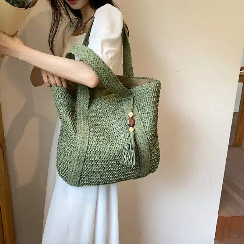 Bolsa de Praia Palha Trançada Retrô | Ombro e Mão