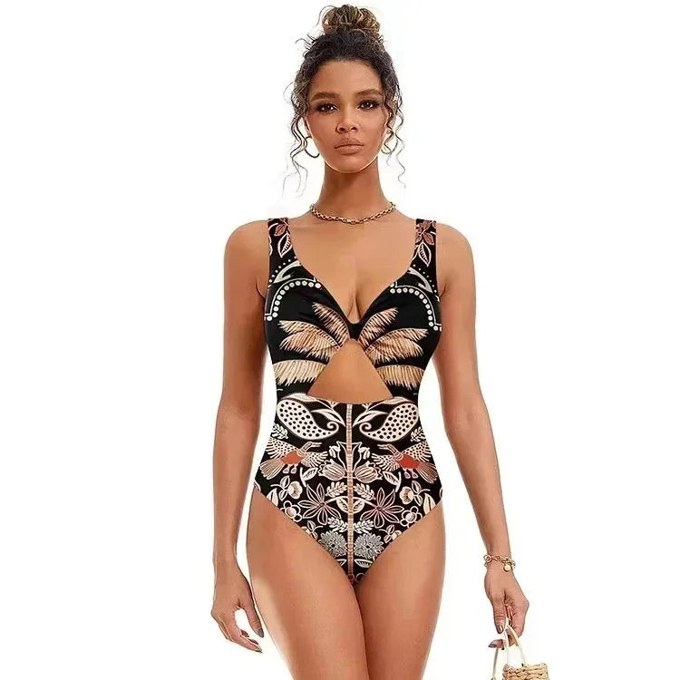Conjunto Praia 3 Peças Estampa Pássaros | Biquíni, Maiô e Saia/Calça com Renda