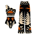 Conjunto Praia 3 Peças Estampa Pássaros | Biquíni, Maiô e Saia/Calça com Renda