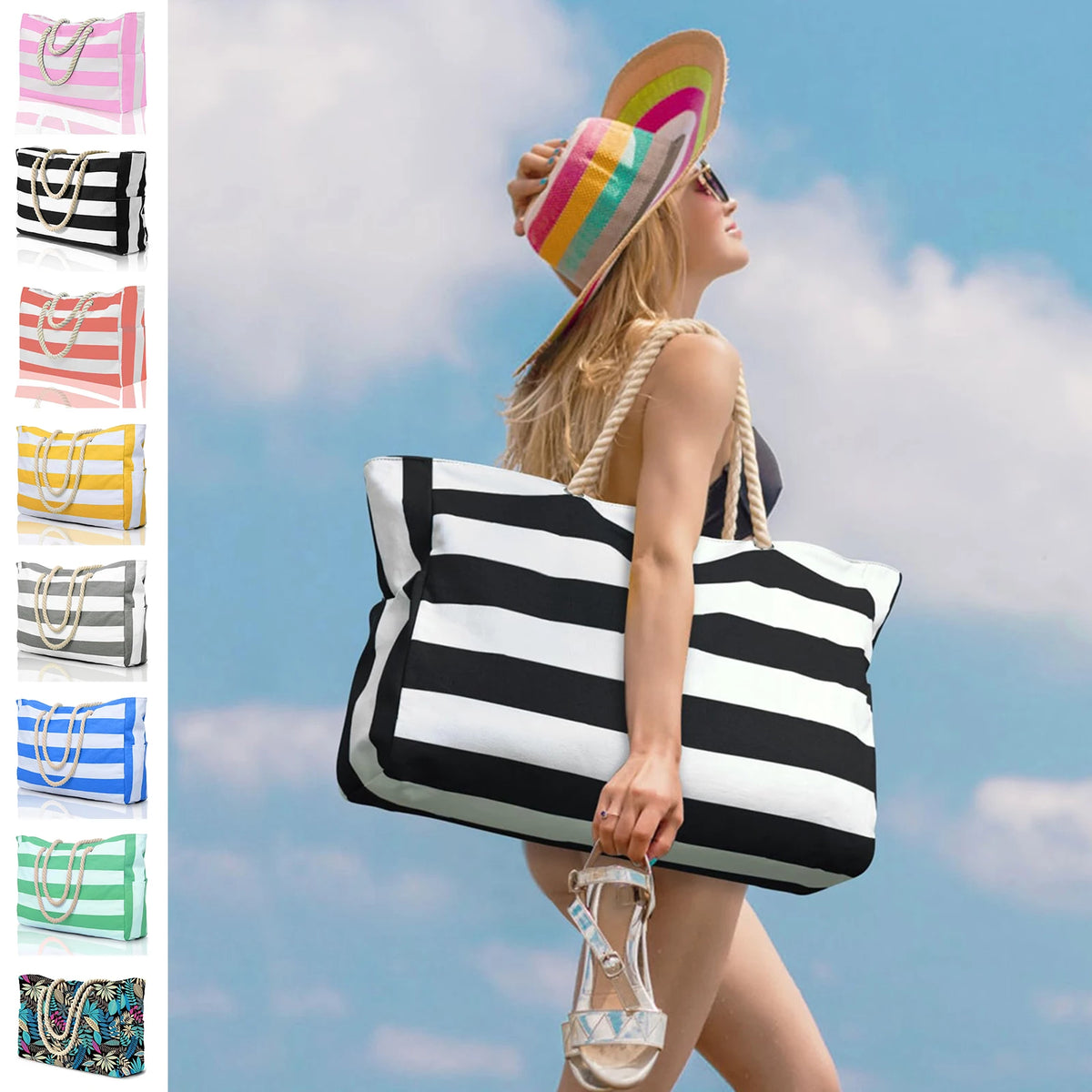 Bolsa de Praia Canvas Listrada com Zíper | Impermeável e Dobrável