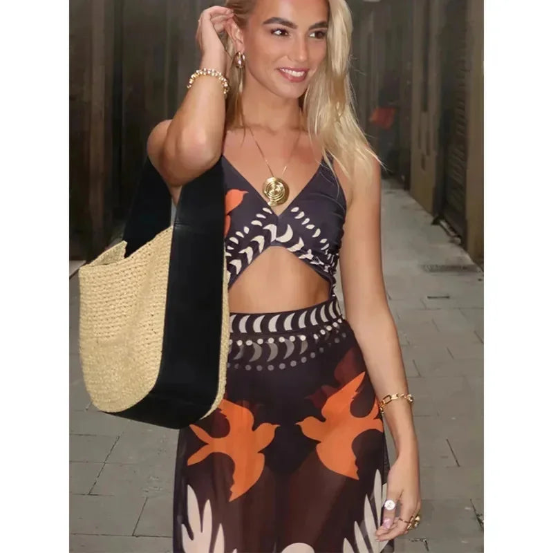 Conjunto Praia 3 Peças Estampa Pássaros | Biquíni, Maiô e Saia/Calça com Renda