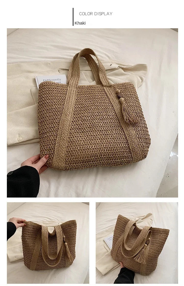 Bolsa de Praia Palha Trançada Retrô | Ombro e Mão