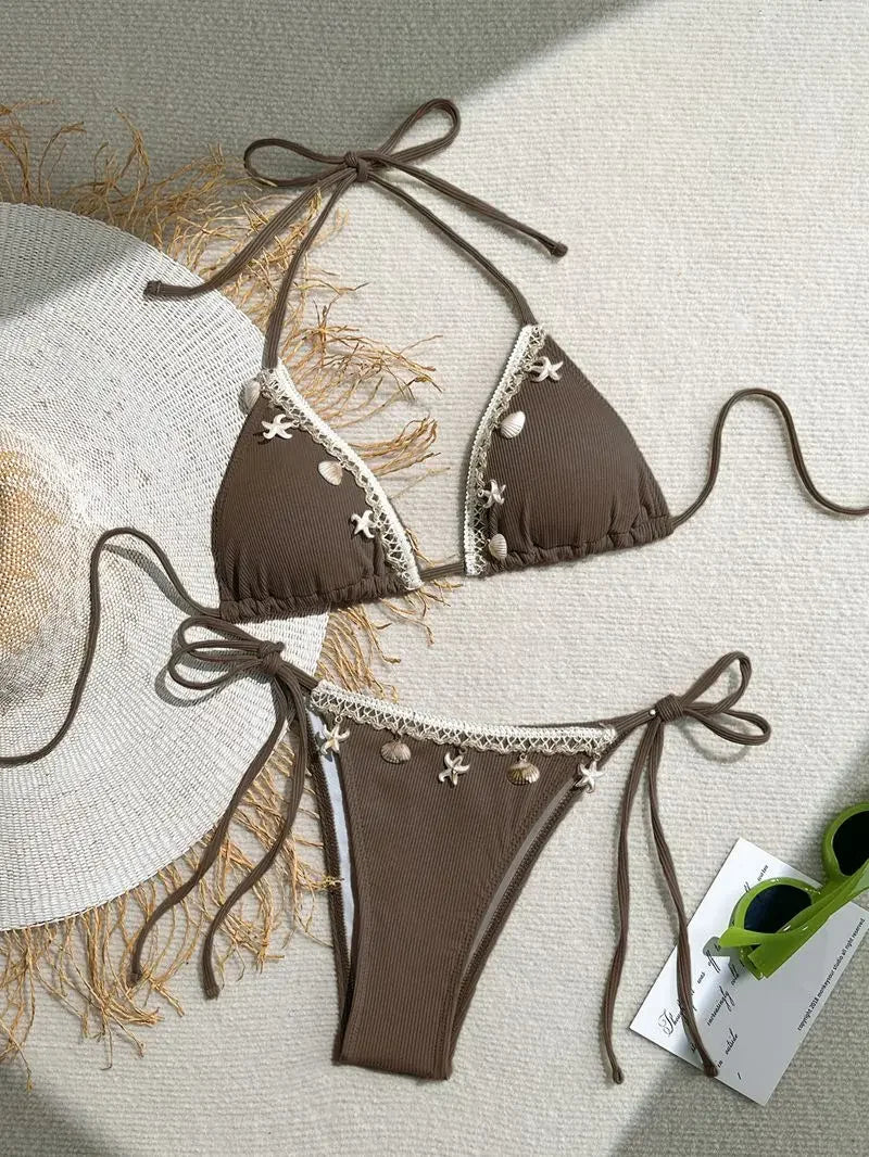 Biquíni Triângulo Frente Única | Design Concha & Estrela do Mar com Bojo