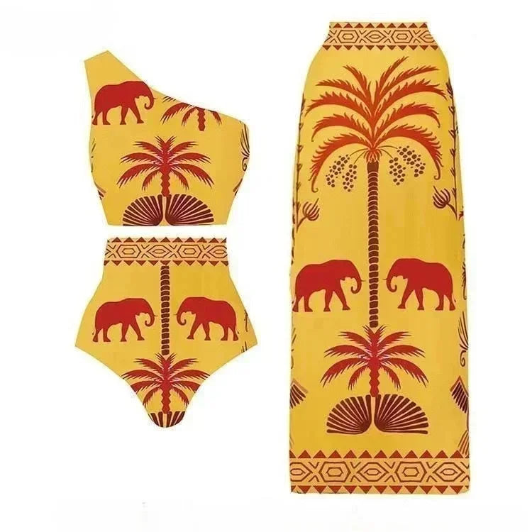 Conjunto Praia 3 Peças Estampa Pássaros | Biquíni, Maiô e Saia/Calça com Renda