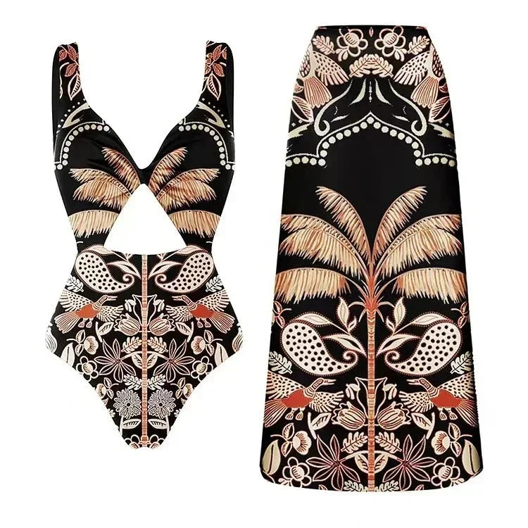 Conjunto Praia 3 Peças Estampa Pássaros | Biquíni, Maiô e Saia/Calça com Renda