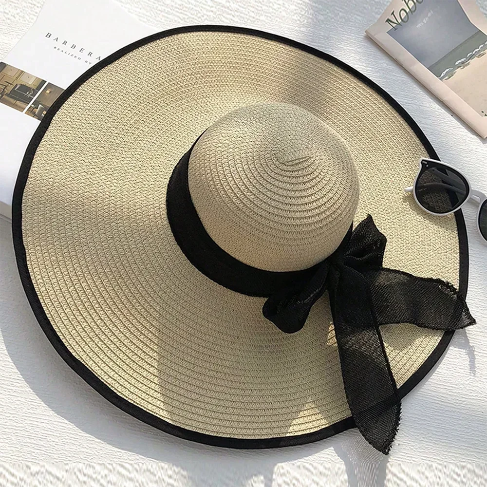 Chapéu de Praia Palha Aba Larga com Laço | Tamanho Único 56-60cm