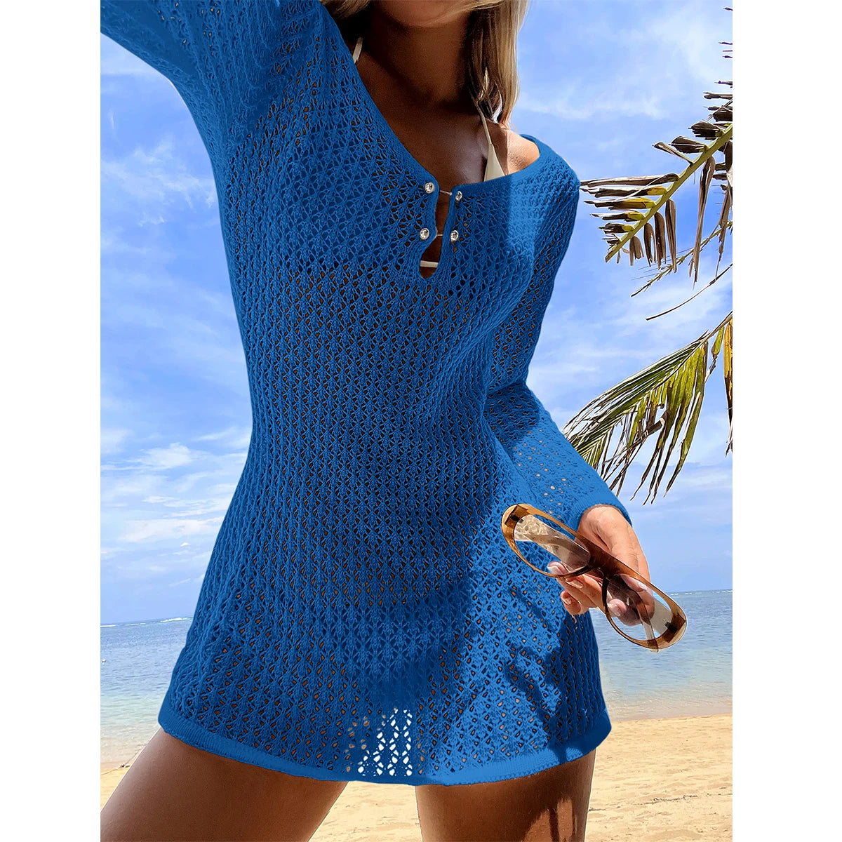 Vestido Saída de Praia Manga Longa com Proteção Solar | Tricô Vazado