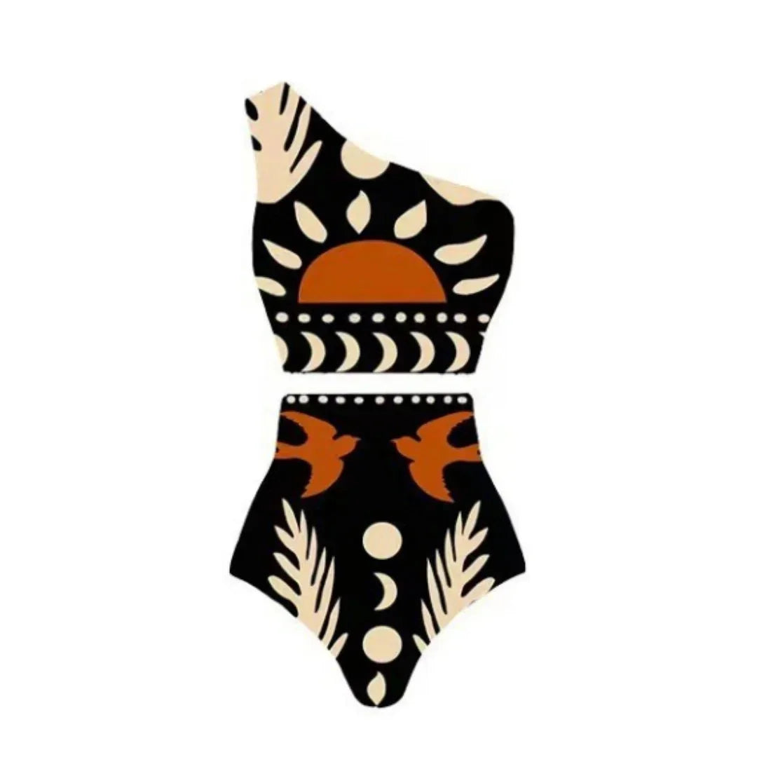 Conjunto Praia 3 Peças Estampa Pássaros | Biquíni, Maiô e Saia/Calça com Renda